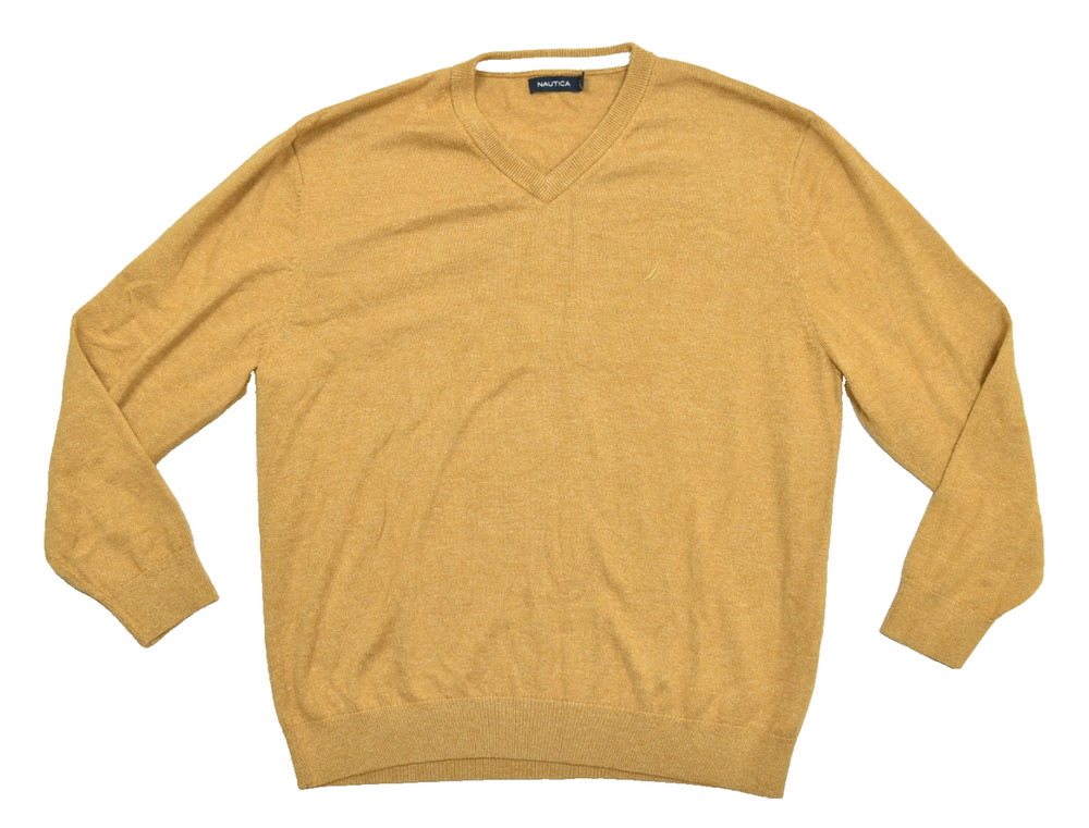 Nautica Mens XXL V-Neck Cotton Sweater Mustard Yellow Long Sleeve Lightweight